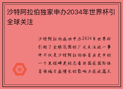 沙特阿拉伯独家申办2034年世界杯引全球关注 沙特阿拉伯独家申办2034年世界杯引全球关注